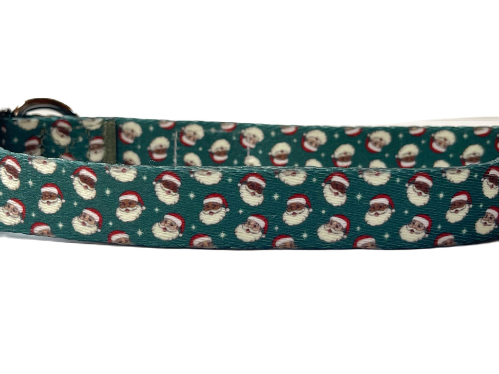 dark green with christmas Santa heads of all ethnicities recycled nylon dog collar