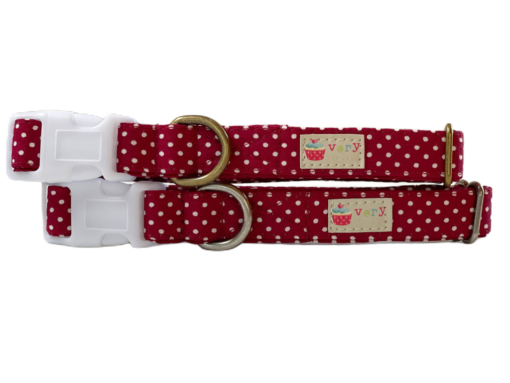 cranberry red with white dots handmade organic cotton dog and cat collar with matching white buckle