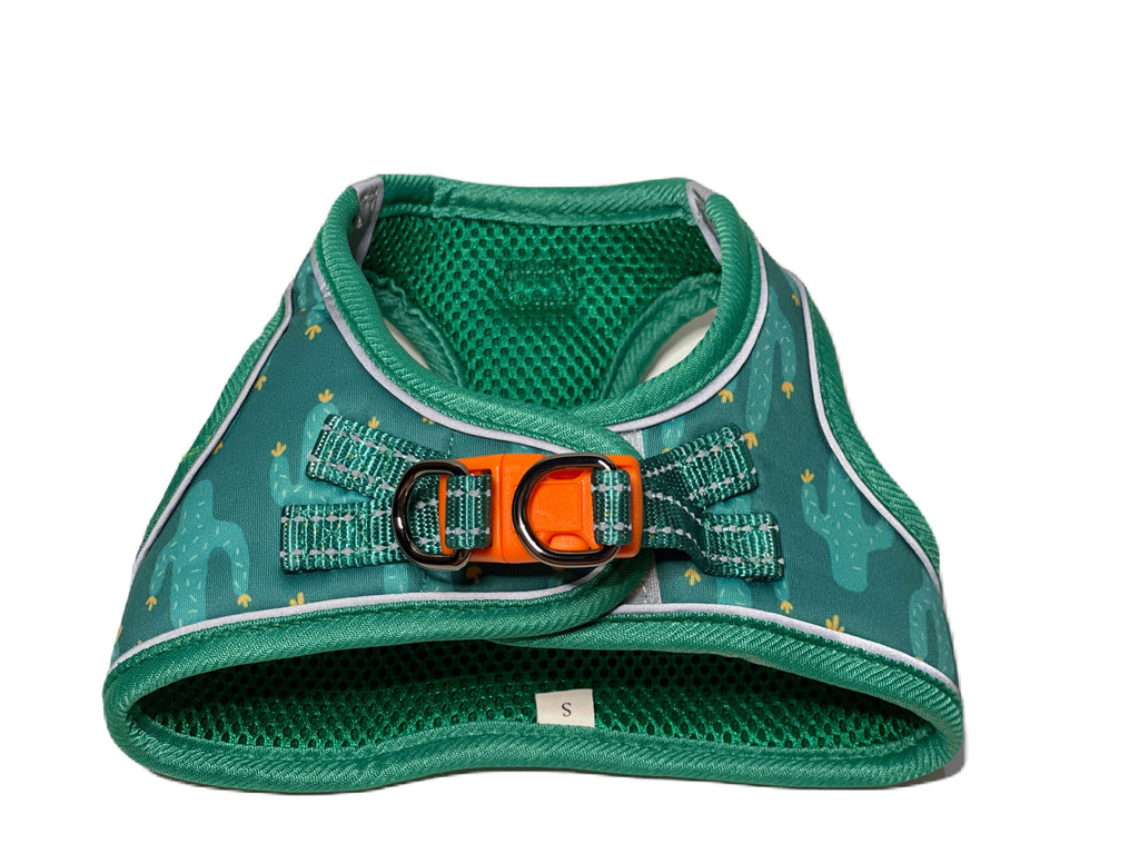 cactus themed step in harness vest with orange buckle, velcro closure and webbing