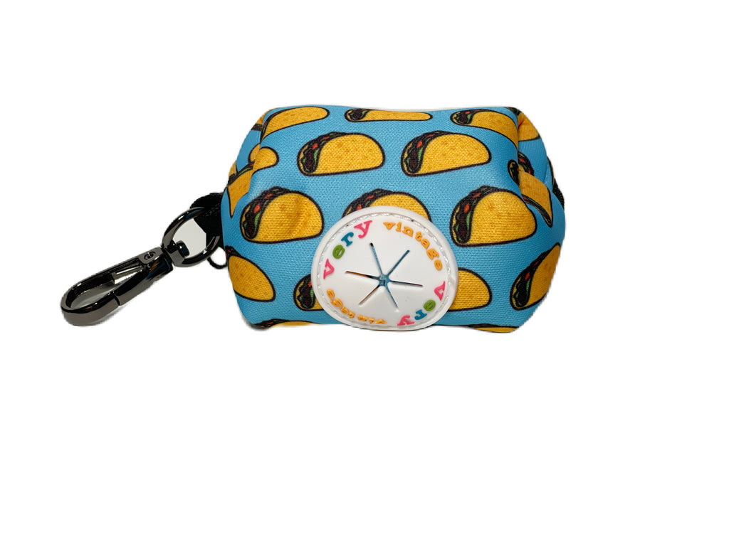 bright blue taco pattern dog walking accessory for dog poop bags