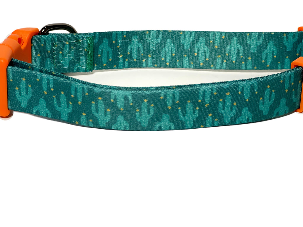 close up of the cactus pattern dog collar - saguaro style cactus with a touch of yellow