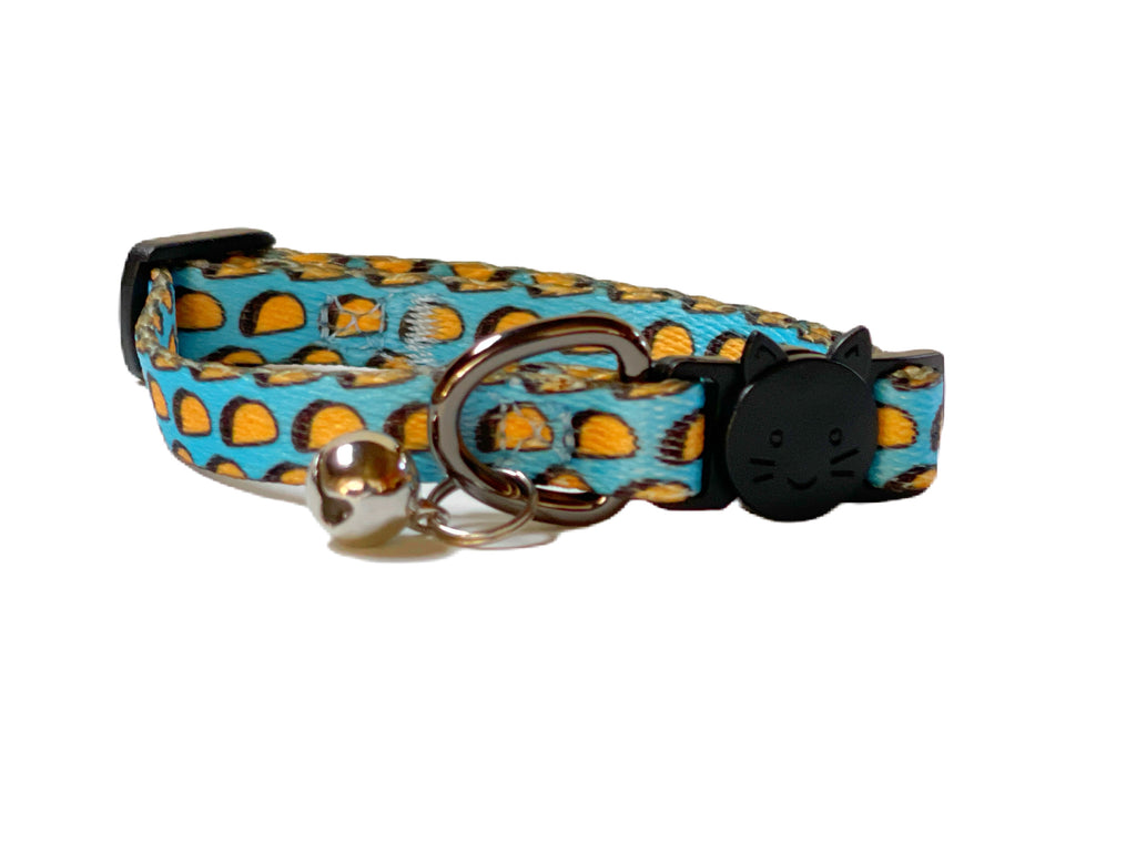 bright blue with fun taco pattern nylon cat collar with black cat head breakaway buckle