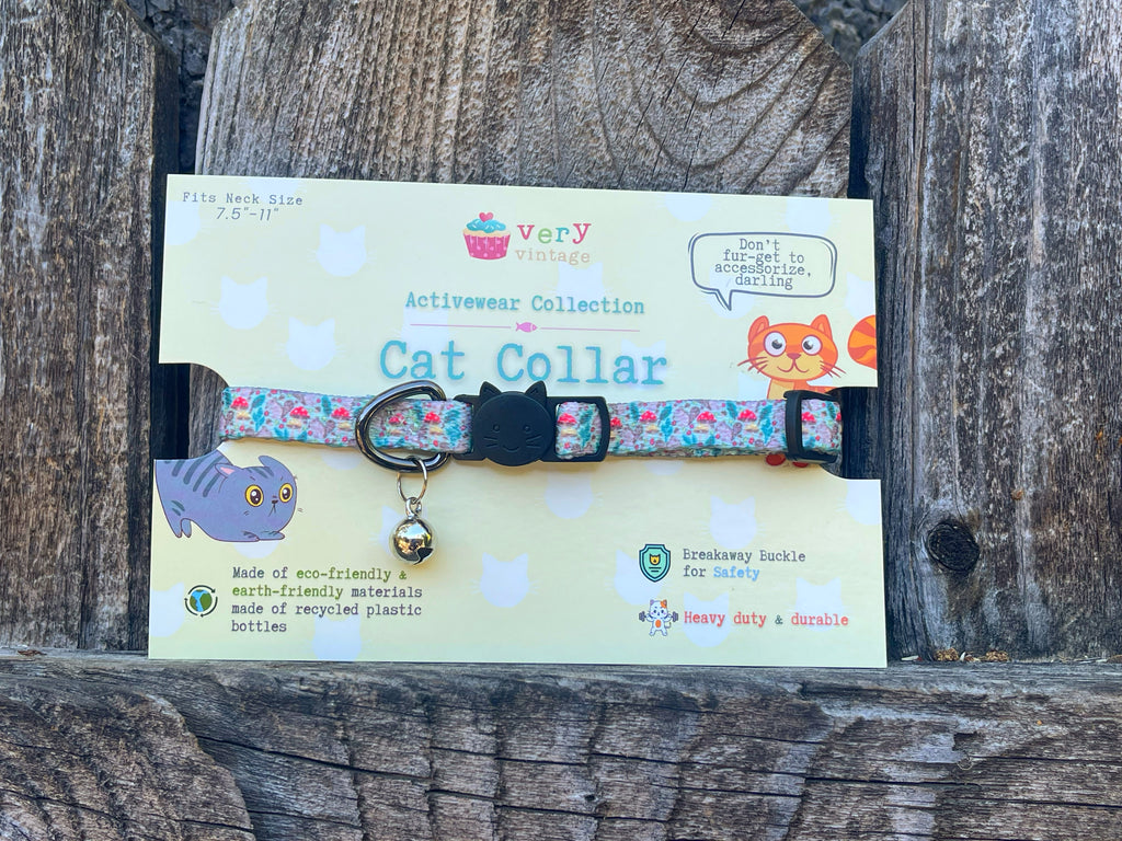 our squirrel print cat collar with a sample of our packaging for them with all the details about the collars