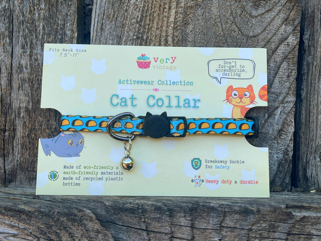 adorable bright blue taco print cat collar with our fun packaging that talks about the breakaway cat collars