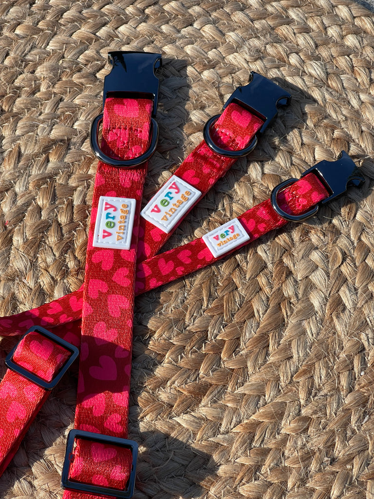 stylized photo of the three different sizes of red heart dog collars - small, medium and large