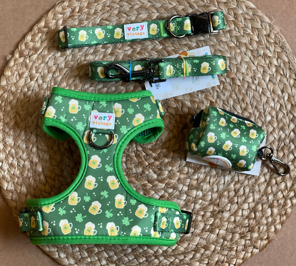 green shamrock and beer stein adjustable dog harness, leash, collar and poop bag bundle for your adorable irish pup