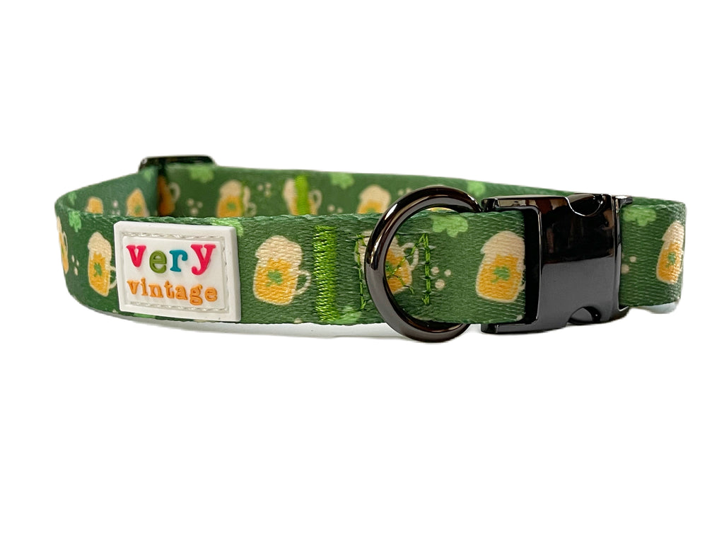 green with beer mug stein Irish dog collar with secure metal hardware and buckle