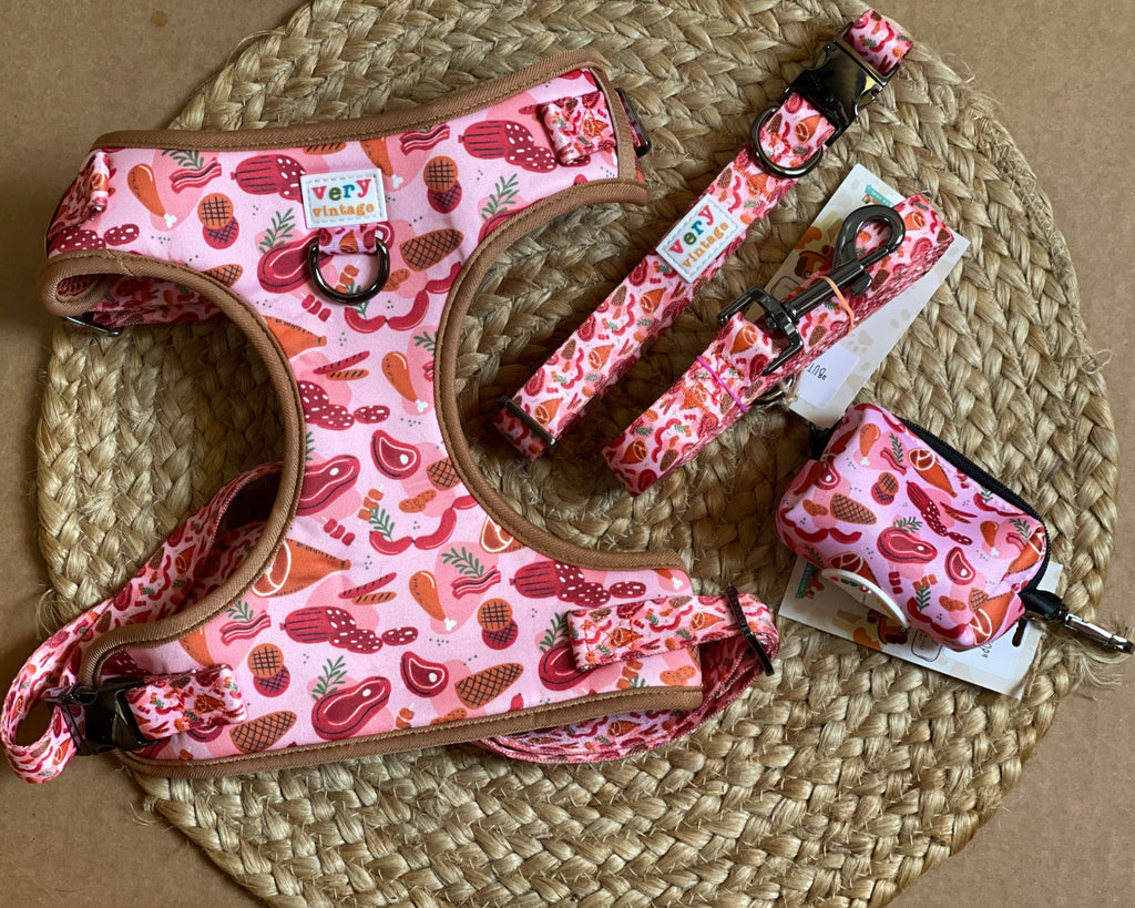 reddish pink with a variety of different meat puppy dog harness bundle with high quality dog collar, leash and poop bag