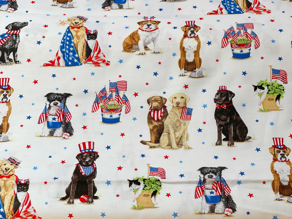 sample of the patriotic dog fabric used for the organic cotton dog bandanas. Handmade in California.