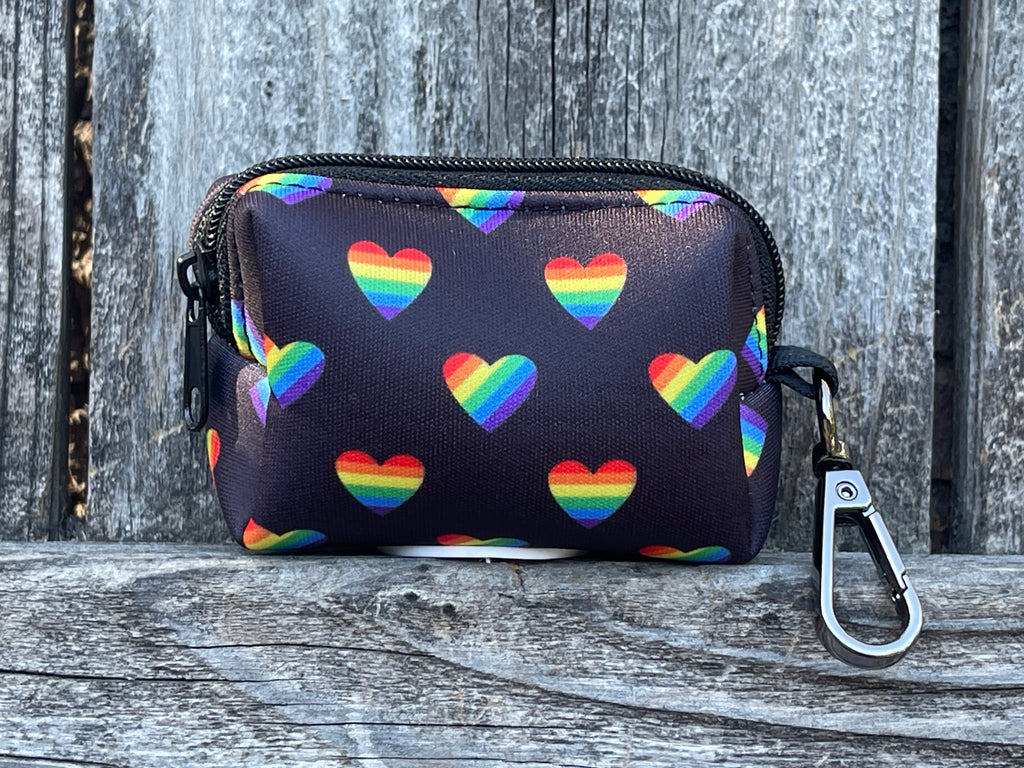 black with rainbow hearts and LGBTQ pride themed print dog poop bag dispenser for dog walks