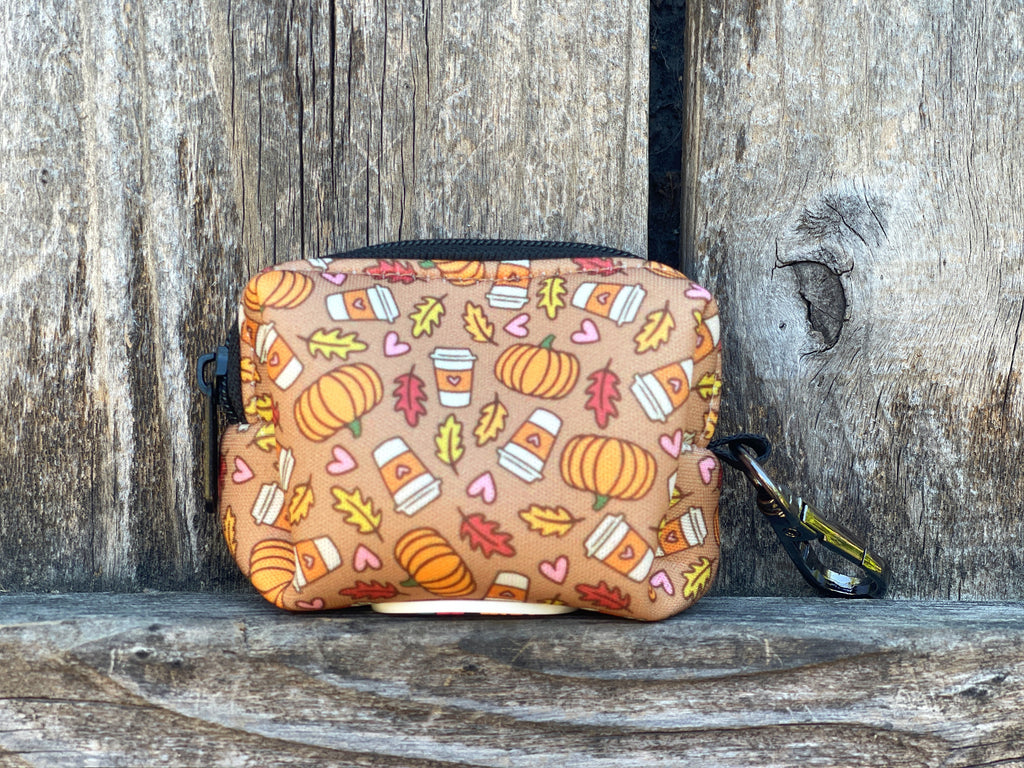 adorable fall and autumn themed pumpkin spice latte pattern dog waste bag holder for fun and easy clean up on dog walks.