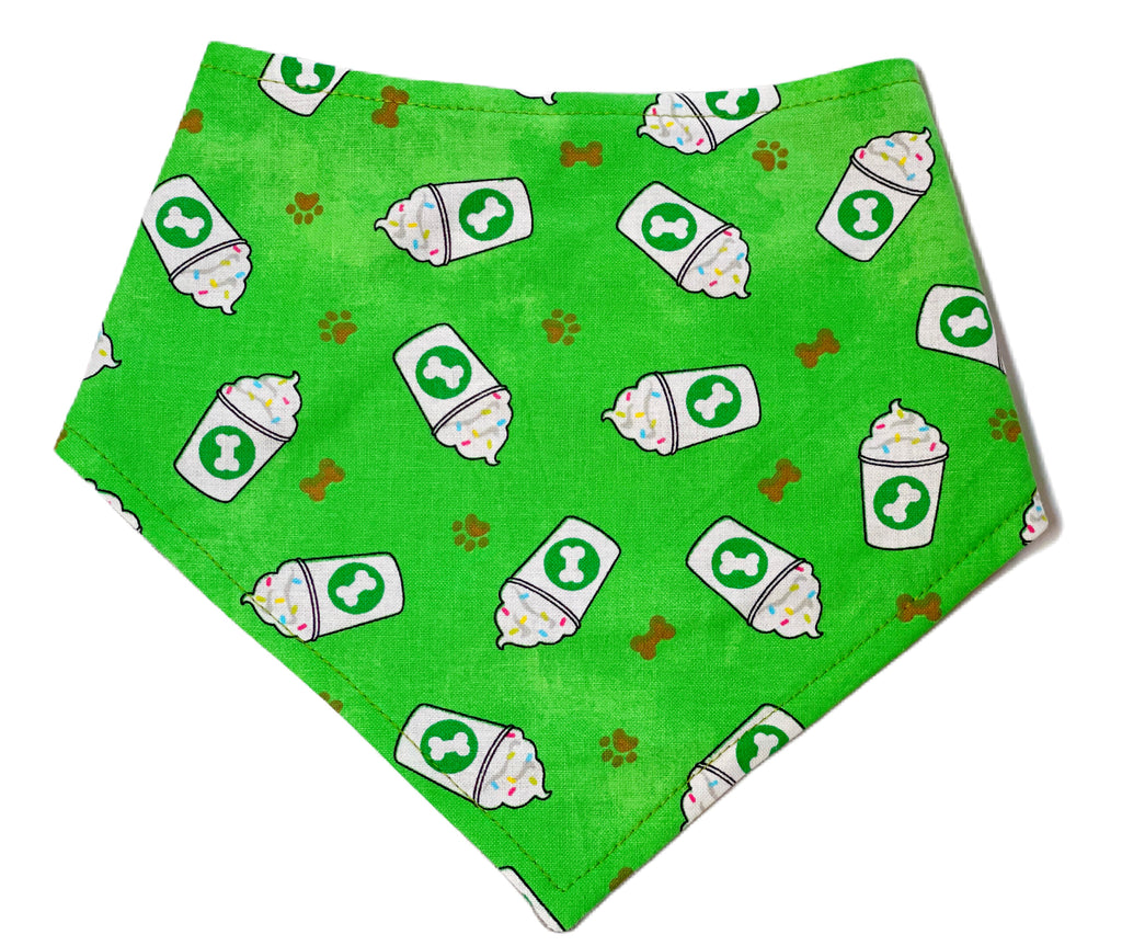 Handmade in Los Angeles. Our lime green with pup cups or puppachinos and dog biscuits dog bandana. Perfect for dog birthdays as well!