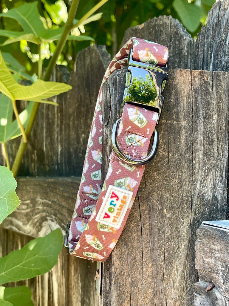 A must-have accessory for any dog lover: our Puppuccino dog collar. With its adorable coffee latte design and comfortable fit, it's perfect for everyday wear.