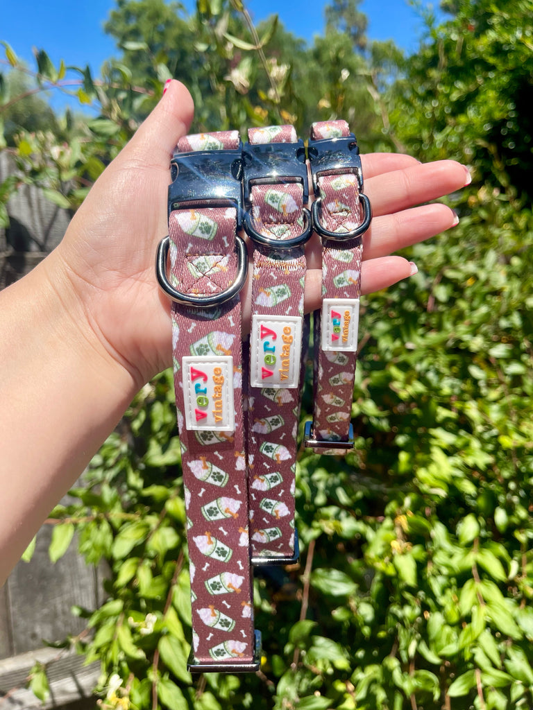 Indulge your furry friend with the ultimate in style and comfort. Our Puppuccino dog collar is made from durable materials and features a unique coffee latte pattern.