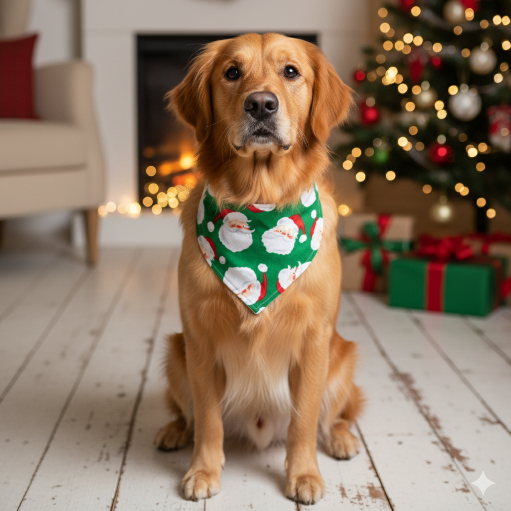 This adorable golden retriever is all set for Christmas, modeling our handcrafted green bandana featuring jolly Santa faces. Perfect holiday pet accessory!