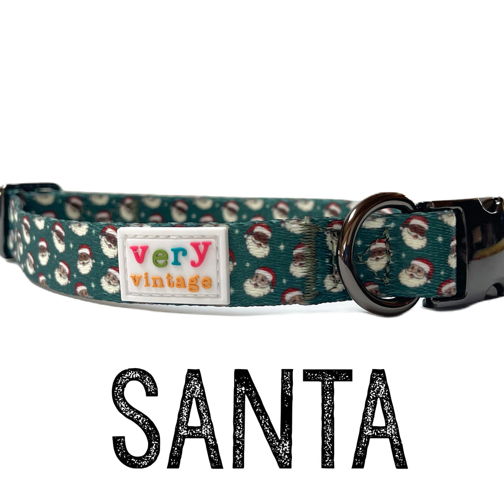 A festive and stylish dog collar featuring a multiethnic Santa design. Adjustable straps and durable materials make it perfect for all breeds.