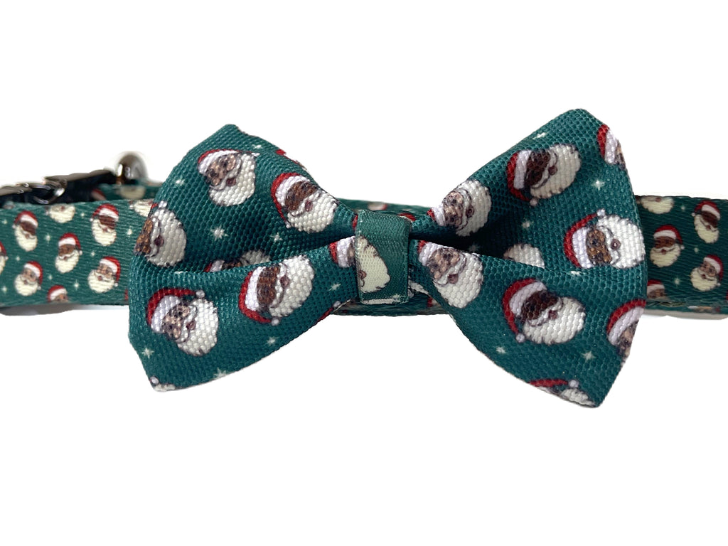 A cozy and comfortable dog collar with a festive Santa design. The adjustable straps and durable materials make it the perfect accessory for your furry friend. Comes with an optional matching canvas bowtie.