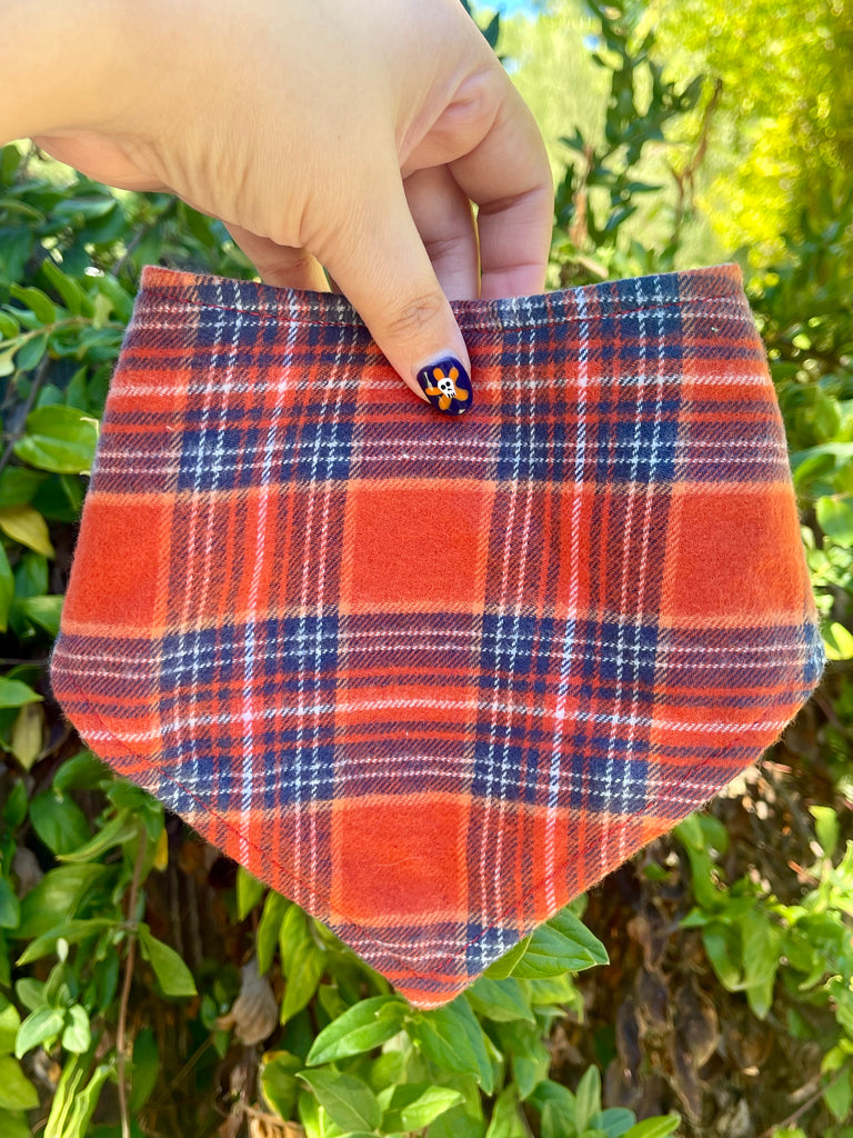 Cozy orange plaid dog bandana, eco-friendly autumn pet accessory handmade in Los Angeles