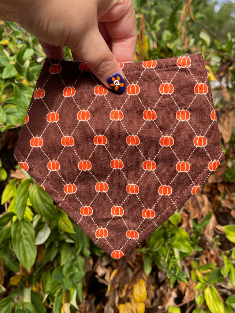 Hand holding brown and orange pumpkin pet bandana with lattice design in front of green foliage