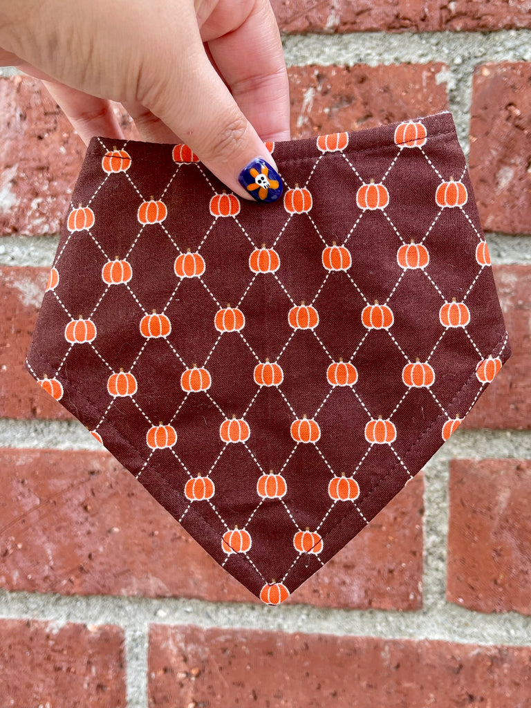 Hand holding brown dog bandana with orange pumpkin lattice pattern against brick wall background