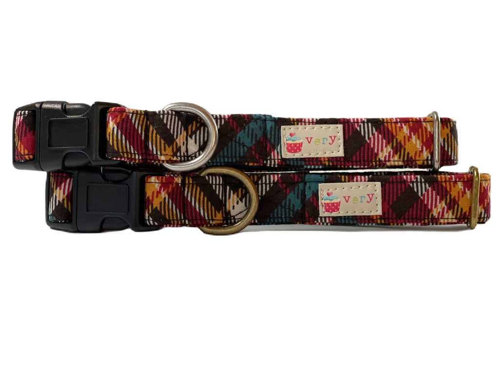 handmade organic cotton dog and cat collars with a cream, black, teal, orange, red and yellow plaid fabric. choose from antique brass or antique silver hardware. Made in Los Angeles. 