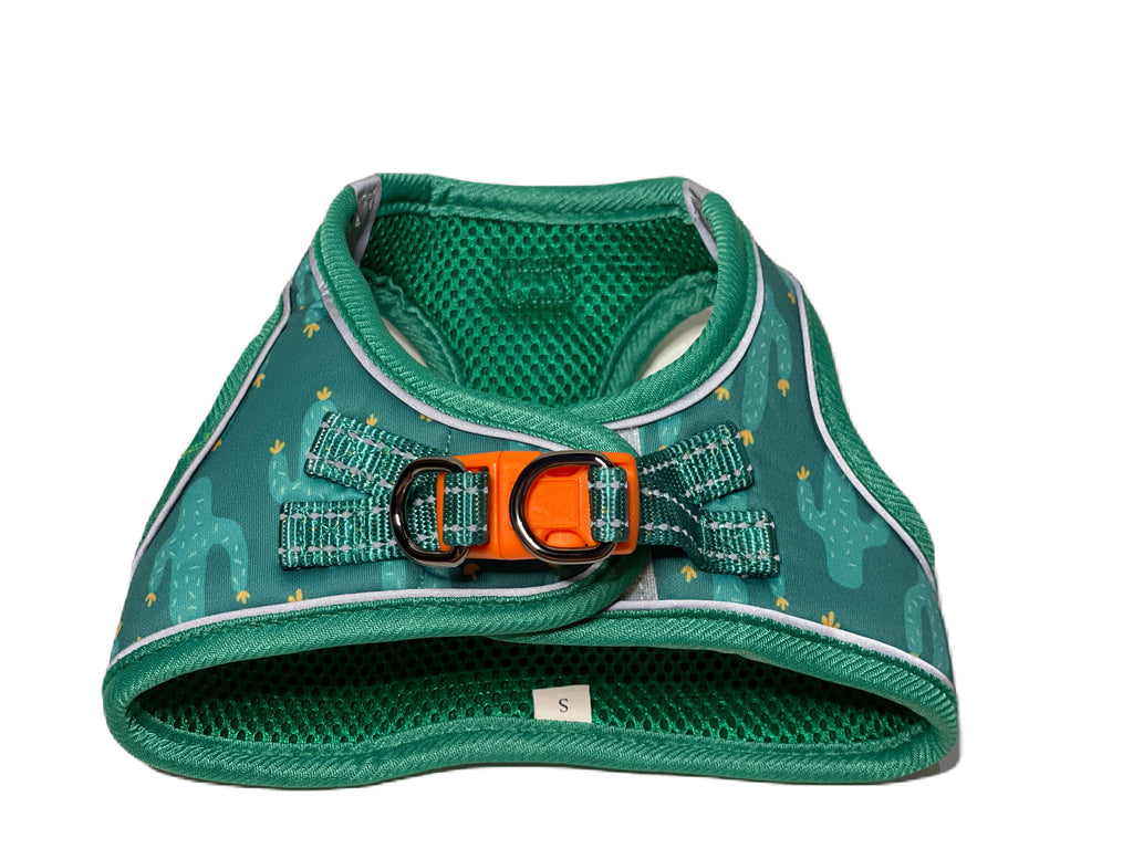 green cactus small dog harness vest with velcro closure and lightweight plastic buckle