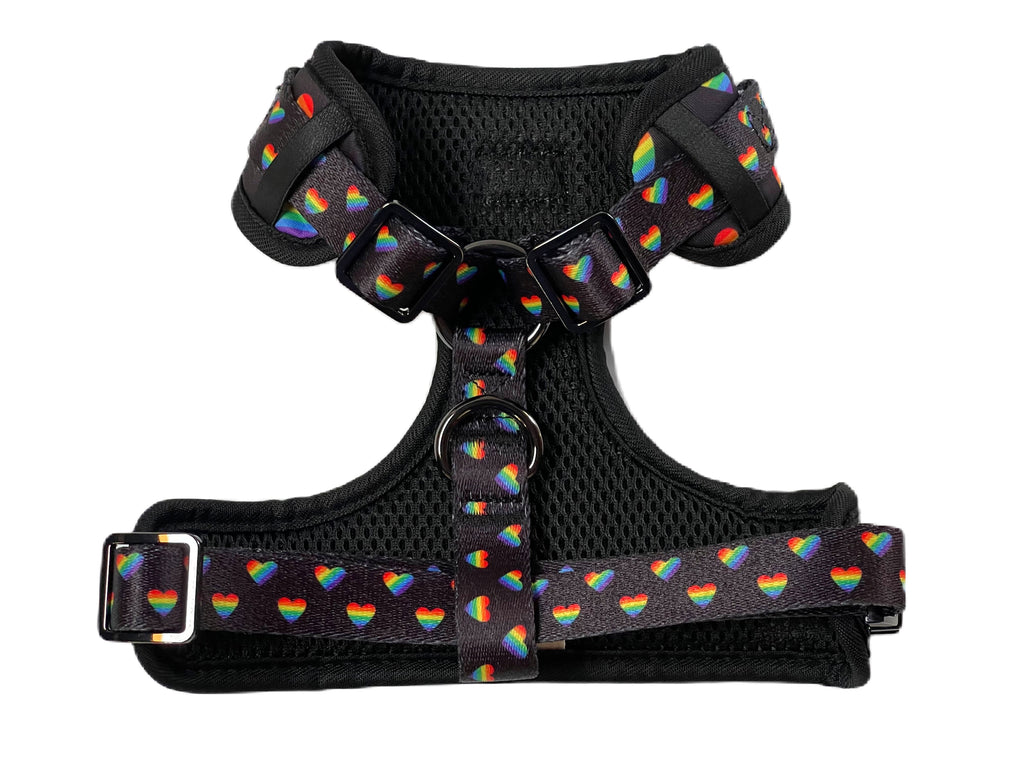 black adjustable dog harness vest with rainbow hearts and supporting the LGBTQ community