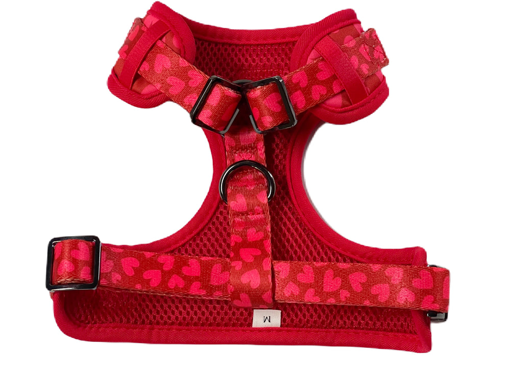 back of the red heart valentine day cute and adjustable dog harness with metal adjusters and buckle.