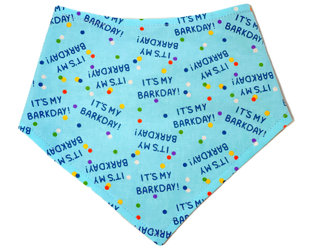 light teal blue with colorful confetti dots and the wording "it's my barkday" birthday dog bandana