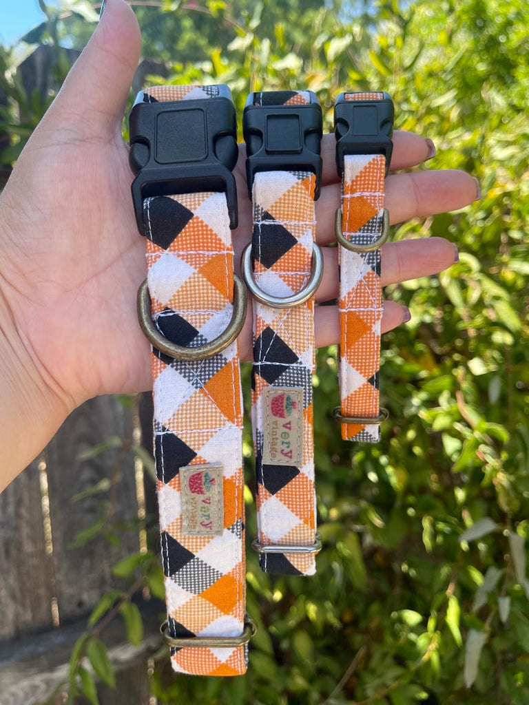 an outdoor photo of the different sizes and finishes of our halloween or fall plaid dog and cat collars. LA made.