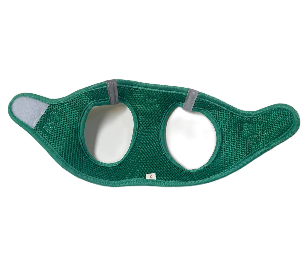 Interior of adjustable cactus step-in dog harness with breathable mesh lining, padded chest and belly panels for added comfort.