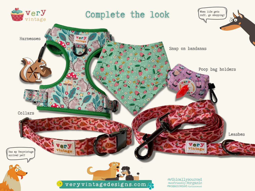 super cute image with dogs on the items we carry: dog collars, dog harnesses, leashes, poop bag holders and snap on bandanas