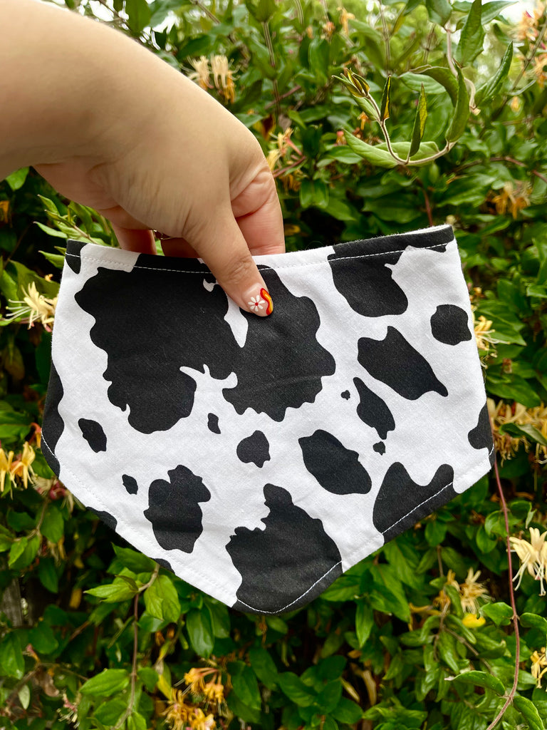 Eco-conscious snap-on dog bandana with cow pattern held in front of green garden blooms; sustainable and lightweight pet accessory in focus.