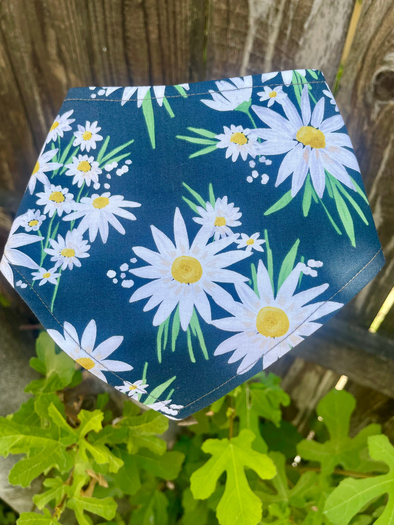 Daisy Days snap-on bandana laid flat to show classic daisy print with yellow centers and green leaves on navy background