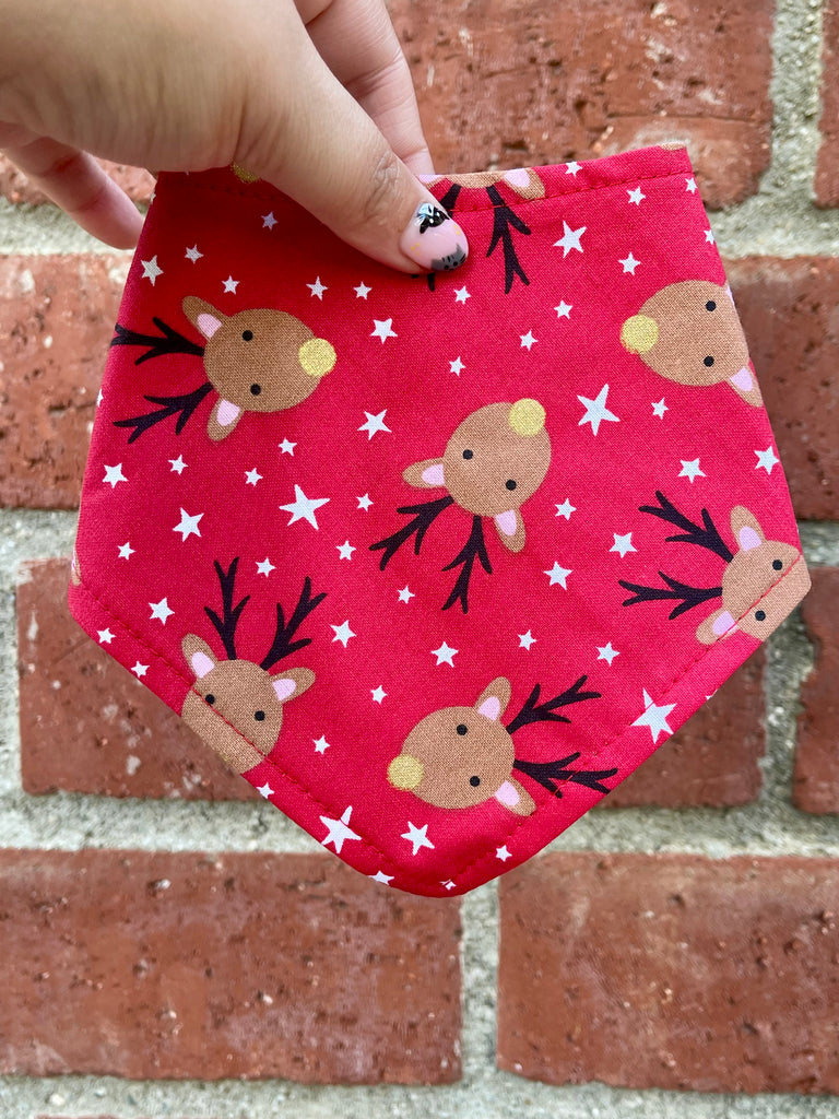 Hand holding a red dog bandana with gold-nosed reindeer faces and white stars. Brick wall provides warm, festive contrast.