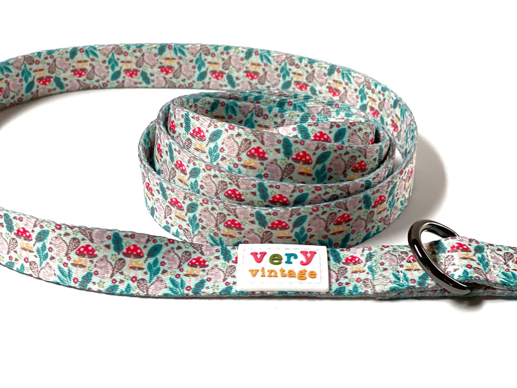 light green with gray squirrels, red and white mushrooms and tiny acorns 5ft dog leash