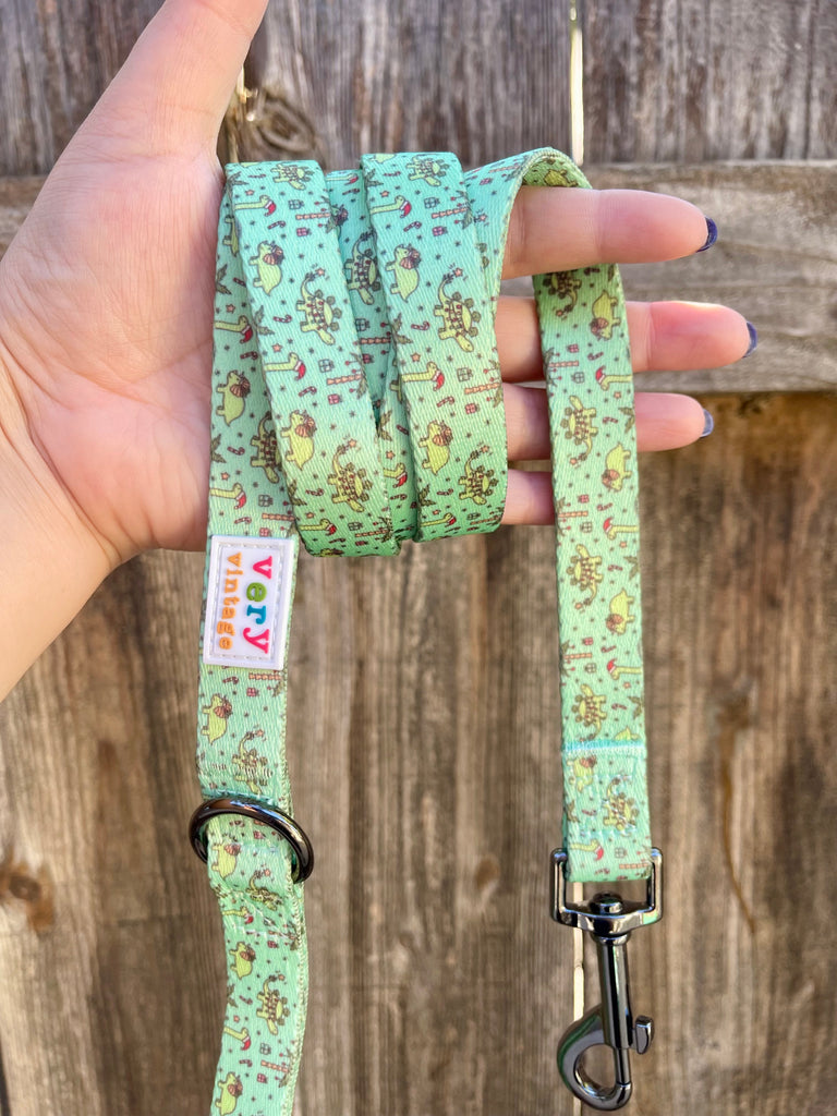 Green holiday dog leash with cute dinosaur print held outdoors against wood background