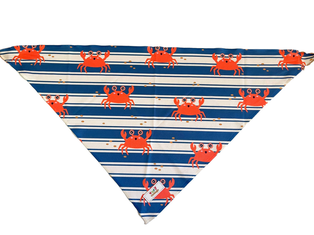 White and blue striped mesh dog bandana with crab design.