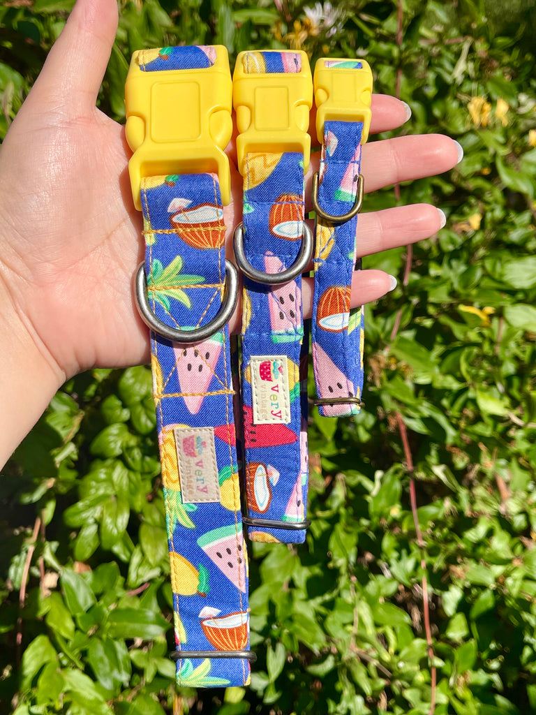Hand holding three tropical dog collars in small, medium, and large sizes with a bold fruit print featuring watermelon, pineapple, and coconuts on a deep blue background. Yellow buckles and antique hardware complete the look.