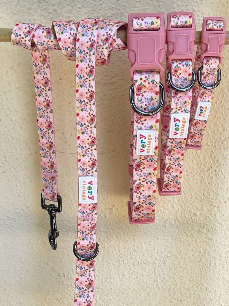 Our garden party floral pattern dog collar and leash set with light pink buckle and gunmetal hardware