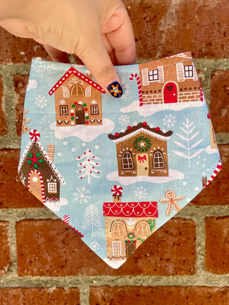 Blue gingerbread house dog bandana with candy cottage print, handmade eco-friendly pet scarf