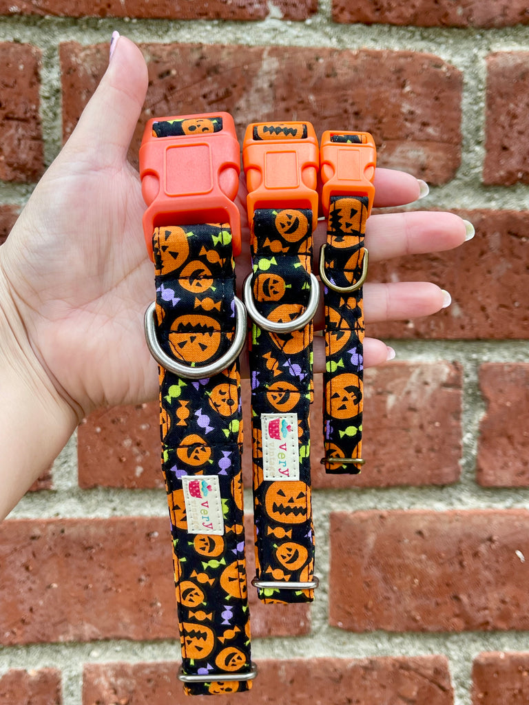 Gnawlloween collar shown in hand with orange buckle and pumpkin print, against vintage brick backdrop