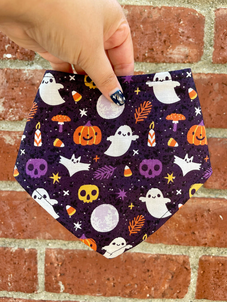 Hand holding a Halloween dog bandana with ghosts, pumpkins, stars, skulls, and candy corn on a dark purple background in front of a brick wall.