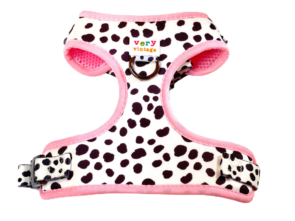 white with black cow spots adjustable dog harness with bright pink trim