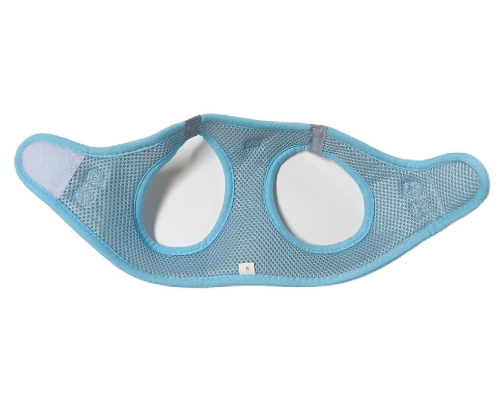 inside of our taco pattern dog harness vest with the velcro closure. The light blue mesh lining is breathable and lightweight.