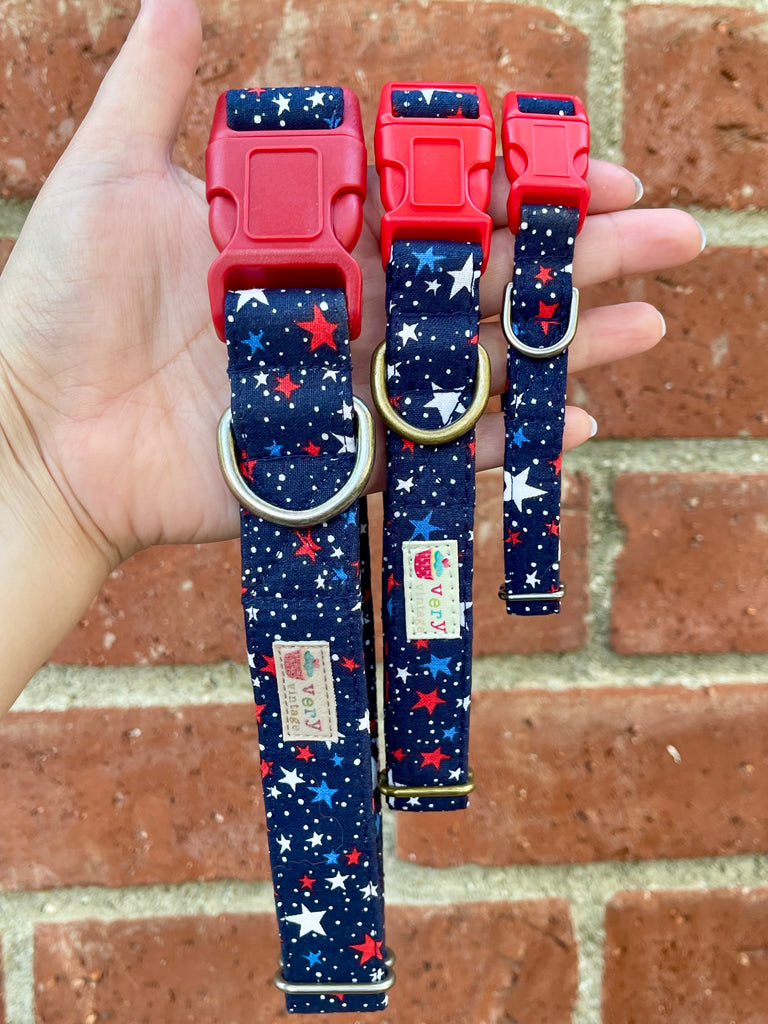 Red, white, and blue star dog collar with red buckle, held in hand outdoors in front of green leaves. Eco-friendly and perfect for summer holidays.