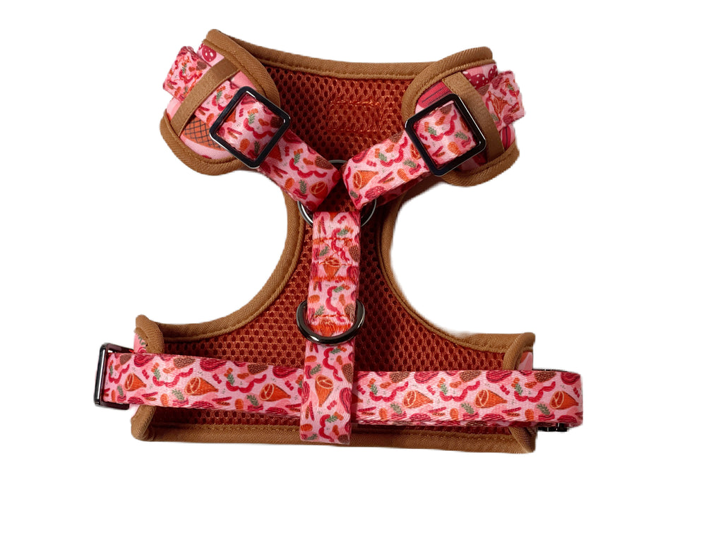 back of eco-friendly and adjustable meat pattern dog harness featuring dark metal buckle and sliders.