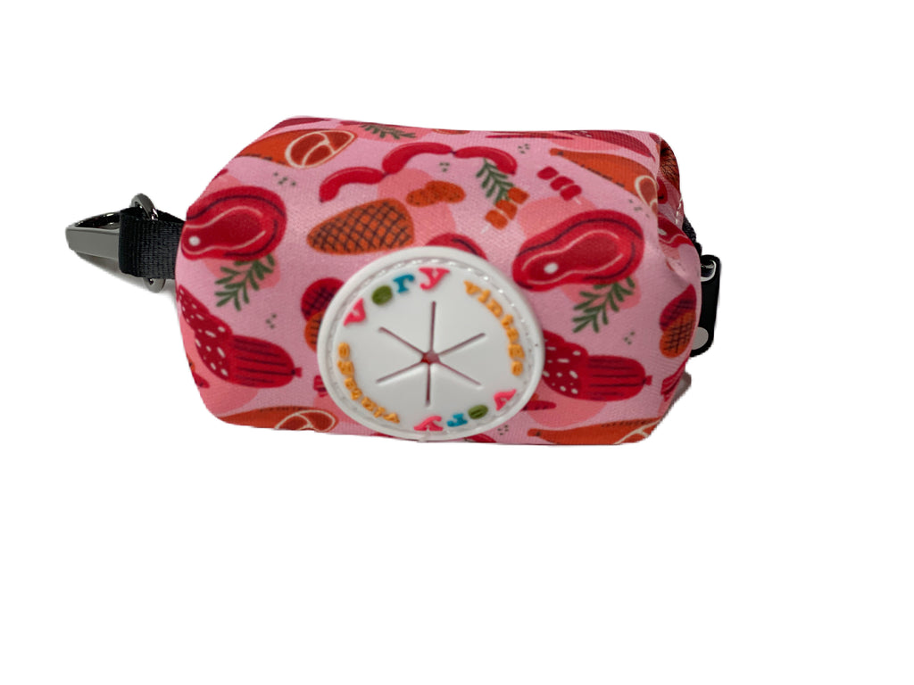 light red with a variety of different meats dog poop bag holder for dog walks