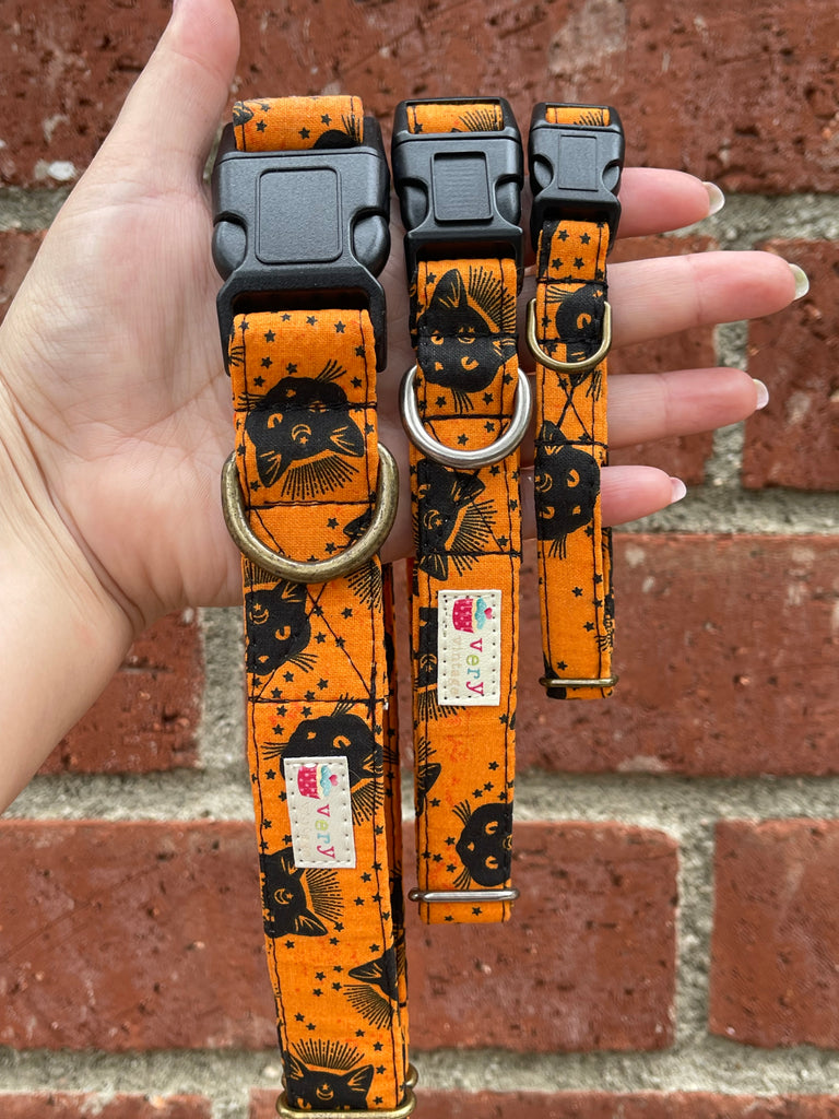 Vintage-style black cat pet collar with celestial pattern and black plastic buckle, outdoor background