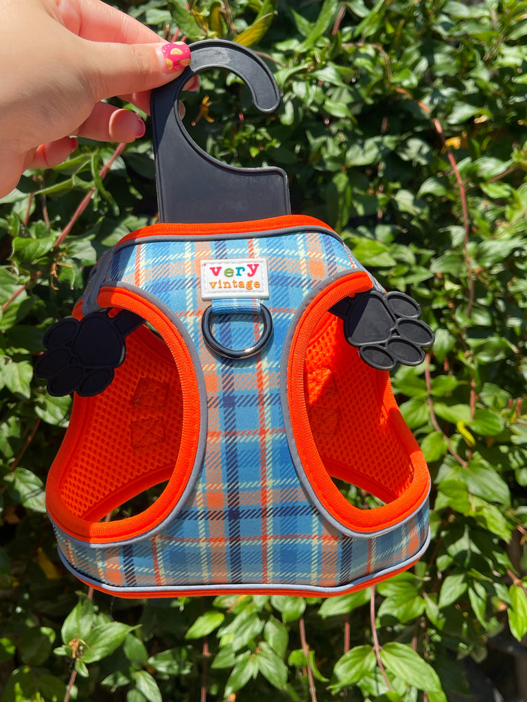 Trendy plaid dog harness in a vibrant color palette.